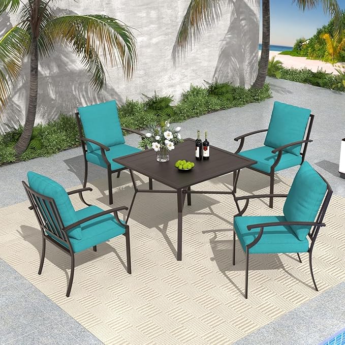 5-Piece Outdoor Patio Dining Set，4pcs Mental Chairs and 38’’ Round Dining Table with Umbrella Hole for Patio, Deck, Yard，Garden, Blue