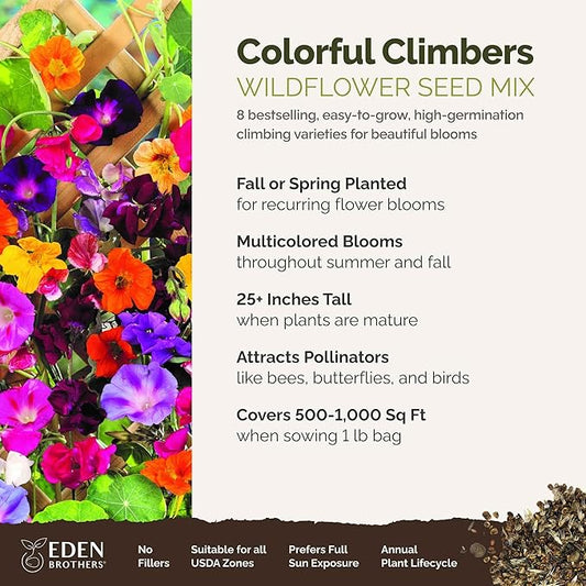 Eden Brothers Colorful Climbers Flower Mixed Seeds for Planting, 1 lb, 480,000+ Seeds with Morning Glory, Sweet Pea | Attracts Pollinators, Plant in Spring or Fall, Zones 3, 4, 5, 6, 7, 8, 9, 10