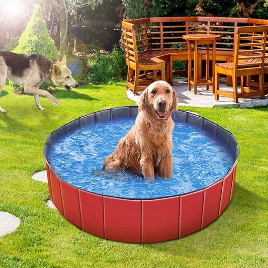 Foldable Pet Swimming Pool - Large 63" PVC Kiddie Dog Pool Bathing Tub for Dogs Cats Kids Portable Summer Outdoor Water Playmat Non-Slip Bottom Easy Drain (Red)