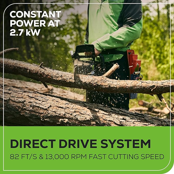 Greenworks 82V 18" Brushless (2.7 kW) Cordless Chainsaw (210 Cuts Per Charge), 4.0Ah Battery and Dual Port Rapid Charger (Great For Landscapers and Professionals)