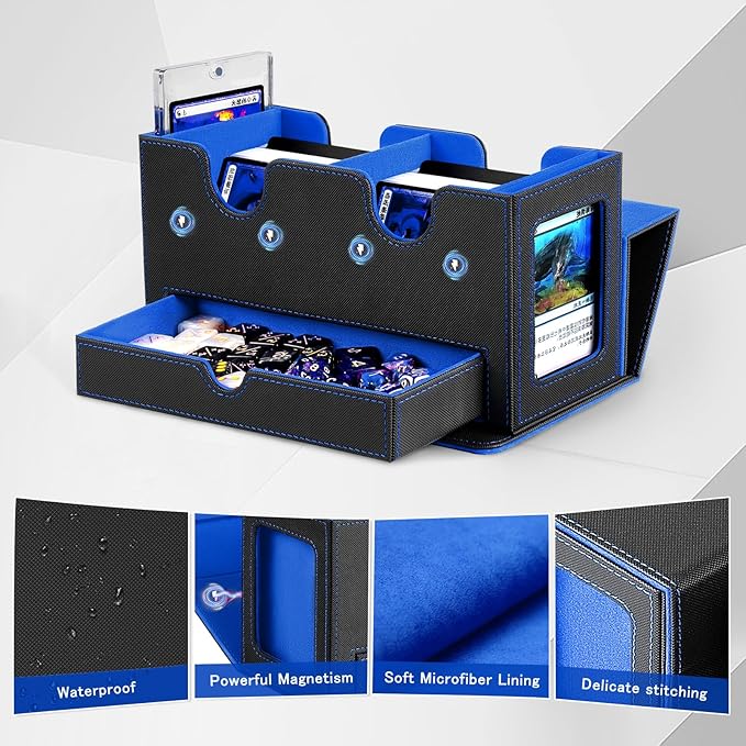 MTG Deck Box with 2 Commander Display,Commder Deck Box Fits 310+ Cards，with Dice Tray,Leather Magnetic,Fits for TCG CCG Magic Cards (Black Blue)
