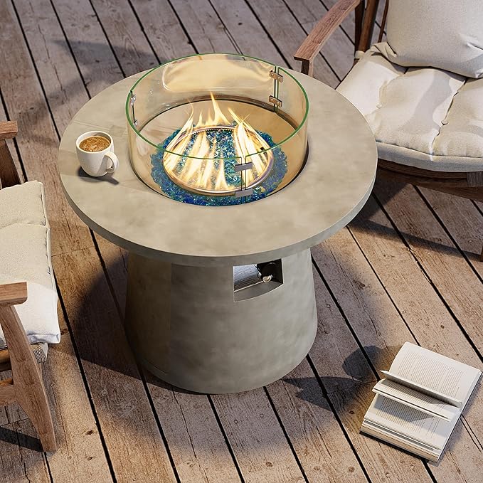 HOMPUS Outdoor Propane Fire Pit, 31-inch Round Gray Propane Fire Pit with 10 lbs Aqua Blue Fire Glass, 40000 BTU Gas Smokeless Fire Pit Table, Patio Concrete Firepit with Rain Cover