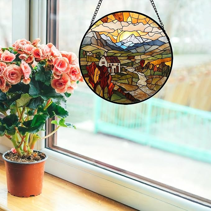 QZQCBLC Stained Glass Window Hanging Farm Pastoral Scenery Large 15" - Sunrise Suncatcher Door Garden Sun Catcher Home Decor Birthday Christmas for Mom Men Woman Nana Friend Wife