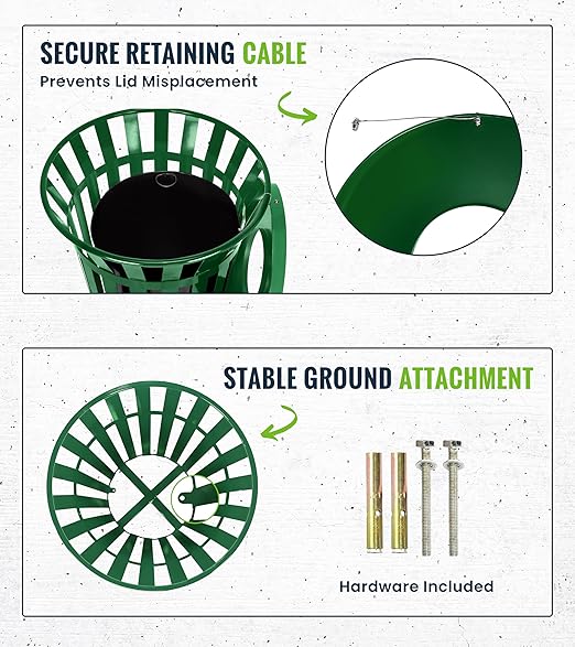 Alpine Commercial Outdoor Trash Can - 38 Gallon Heavy Duty Green Recycle Garbage Can with Liner, Open Top Lid, All Weather Resistant Large Outside Trash Can for Parks, Parking, School