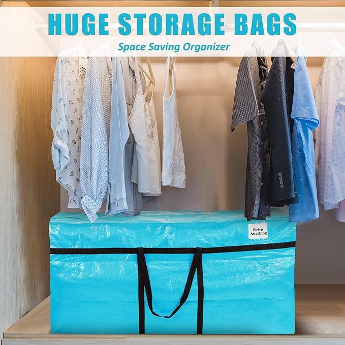 Windyun 4 Pack 57 Gallon Extra Large Storage Bags XXL Moving Bags with Zipper Handles Heavy Duty Jumbo Big Tote Box for Christmas Tree Storage 4, 5, 7.5, 9, 10, 12 ft Skeleton College Dorm(Lake Blue)