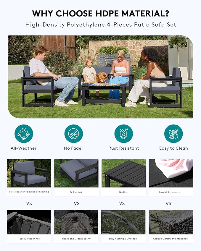 SERWALL 3 Pieces HDPE Outdoor Sofa Bistro Set with Cushions, Outdoor Furniture Sofa Sets with Coffee Table and Cushions, All Weather Conversation Social Set, Black Frame and Grey Cushion