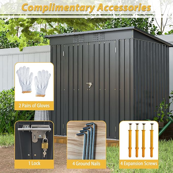 Favfurish Outdoor Storage Shed 6x4 FT,Metal Waterproof Tool Sheds with Hinged Door and Padlock,Vents,Garden Shed for Garden Backyard, Lawn,Black