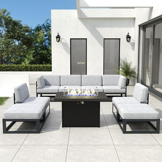 9 Pieces Aluminum Patio Furniture Set with Propane Gas 44" Fire Pit Table, Metal Outdoor Conversation Sofa Set with Seating Cushions