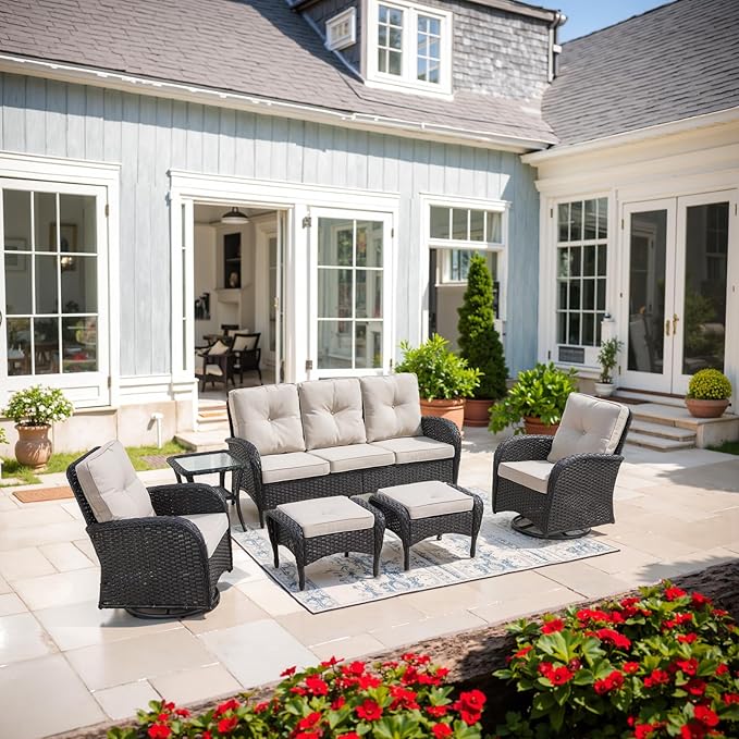 Belord 6 Pieces Wicker Patio Furniture Set - Swivel Rocker Outdoor Chairs with Outdoor Couch and Side Table, All-Weather Patio Conversation Set for Sunroom Deck Backyard Black