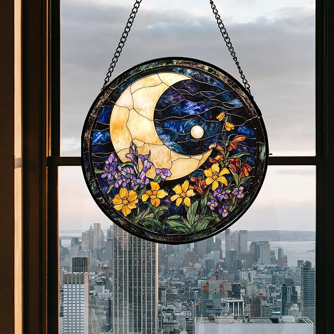 JOSUMALY Stained Glass Window Hanging - Blue Night Sky Moon Suncatcher for Door Terrace Garden Home Decor Wildflowers Sun Catcher Birthday Gifts for Lovers Women Men Dad Mom Nana 7.8 in