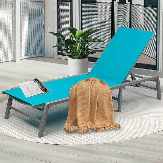 Kozyard Lounge Chair Outdoor Foldable Lounge Chair with 5 Adjustable Backrest Patio Lounger, Assemble-Free, Recliner and Full Flat Chairs for Patio Beach Pool (Aqua Textilence W/O Table)