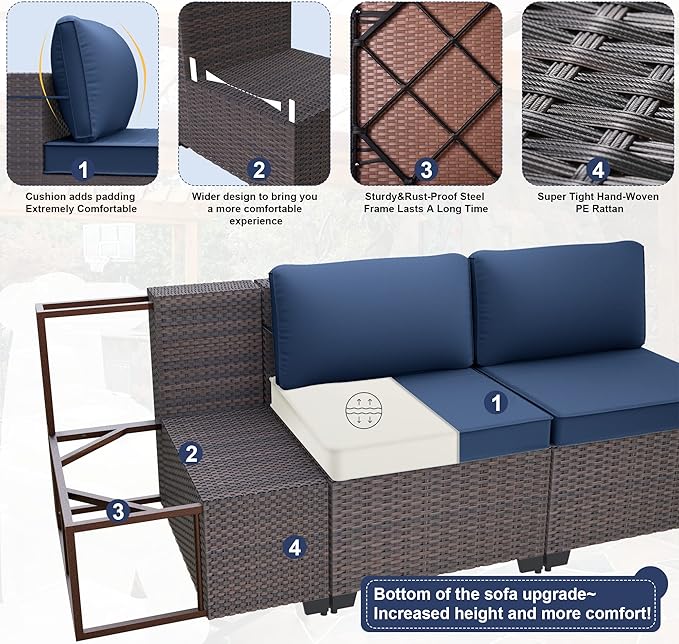 Kurapika 8 Pieces Patio Furniture Set, Rattan Wicker Outdoor Conversation Sets w/43in Propane Fire Pit Table and 4 Inch Cushion(Navy Blue)