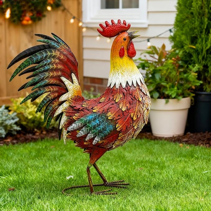 Ultym 21in Metal Rooster Yard Decor, Outdoor Garden Statues, Metal Chicken Sculpture for Backyard Garden Patio Kitchen Décor