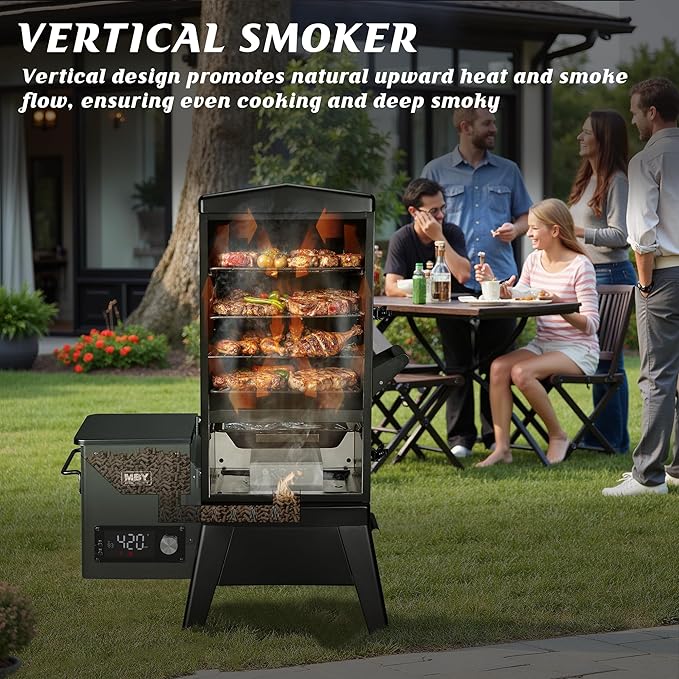 Wood Pellet Smoker with Rainproof Soft Cover, Vertical Electric Pellet Smoker Grill With Hook Meat Probe 616 Sq in Cooking Area LED Display Temperature Control, Pellet Blac