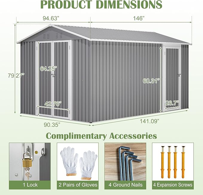 8x12 FT Metal Outdoor Storage Shed,Garden Shed W/ 2 Reversible Lockable Doors & Updated Frame Structure,Outdoor Backyard Tool House W/ 4 Air Vents & Sloped Roof,for Patio,Lawn,Grey