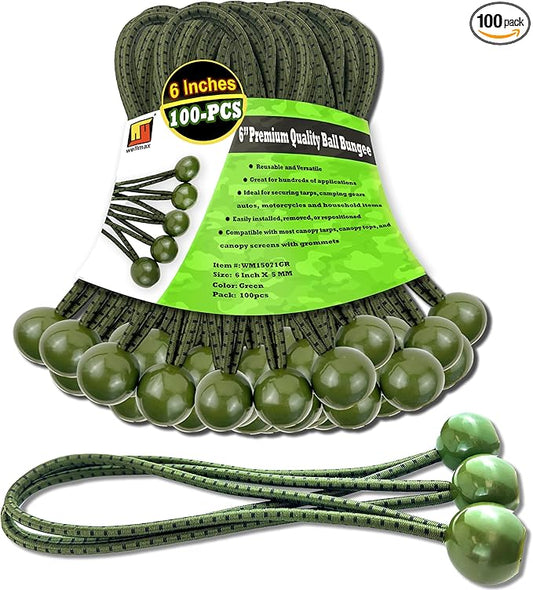6 inch 100 Piece Heavy Duty 5mm Ball Bungee Canopy Cord by Wellmax, Green Camo Color