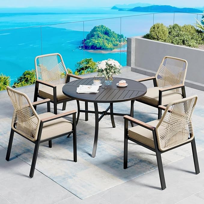 42" Round Patio Table for 4, Patio Dining Table with Umbrella Hole,E-Coating and Powder Coating Steel Frame Metal Outdoor Patio Table for Garden Backyard Lawn Yard