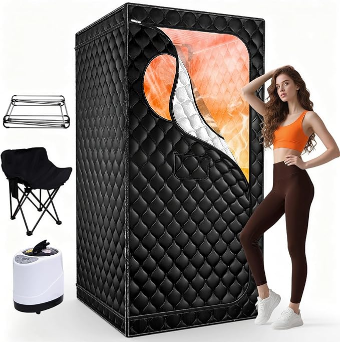Portable Sauna for Home, Upgraded Personal Steam Sauna Box with 3L 1300W Steamer, Folding Chair, Extra Large Size Foldable Home Sauna 3’X 3’X 5.9’, Full Body Sauna Tent for Relaxation Spa, Black
