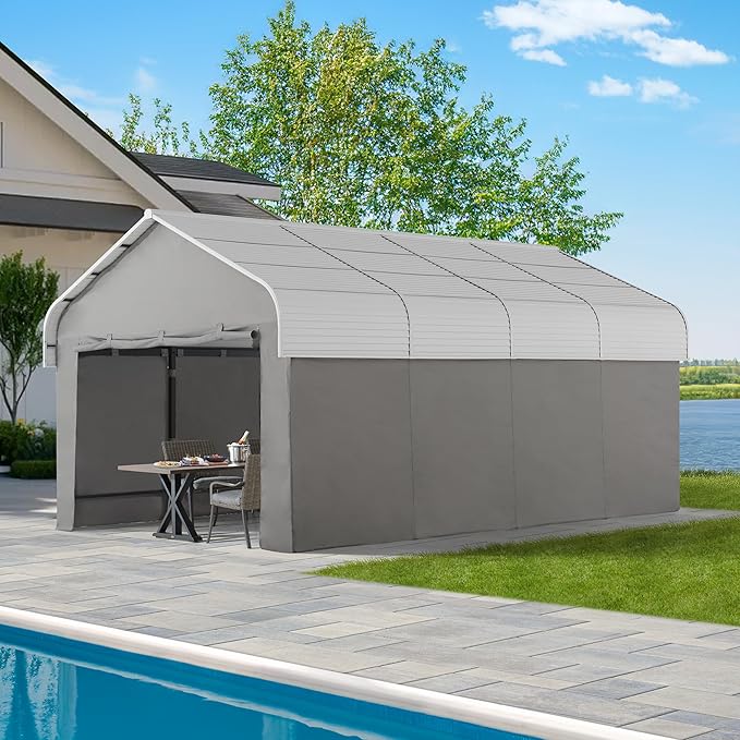 SUNJOY Carport 12 x 20 ft. Hardtop Gazebo with Fabric Enclosure & Sidewalls, Heavy Duty Garage with Powder-Coated Steel/Aluminum Roof and Frame, Gambrel Roof Carport for Car, Boat and Trailer