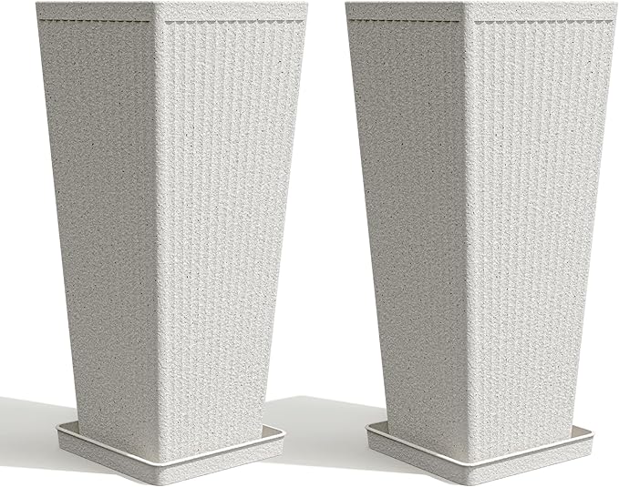 Tapered Tall Planters for Outdoor Plants 2 Pack- 23.6 Inch Heavy-Duty Classic Square Indoor Flower Pots with Drainage Holes/Partition/Tray, Large Outdoor Planters for Porch Patio, White