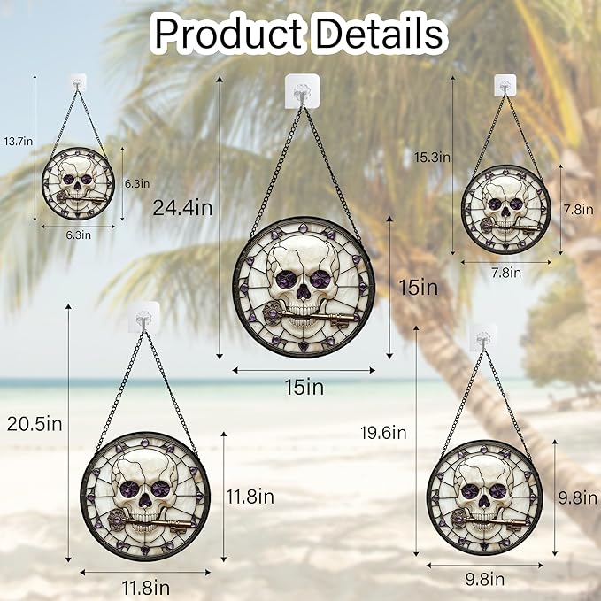 CRISGIF Stained Glass Window Hanging - Halloween Scary Skull Suncatcher for Doors Garden Home Spooky Purple Skeleton Key Sun Catchers Gothic Decor Horror Gifts for Women Men Friend Boy Girl 7.8 in