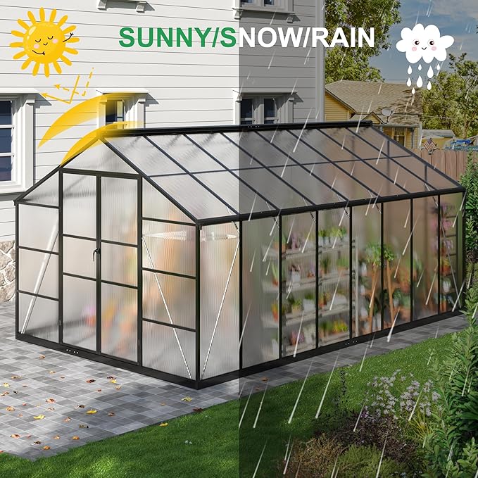 WKM 10x16 FT Greenhouse for Outdoors, Polycarbonate Greenhouse with Roof Vent and Quick Setup Structure, Enhanced Aluminum Green House for Garden Backyard, Black