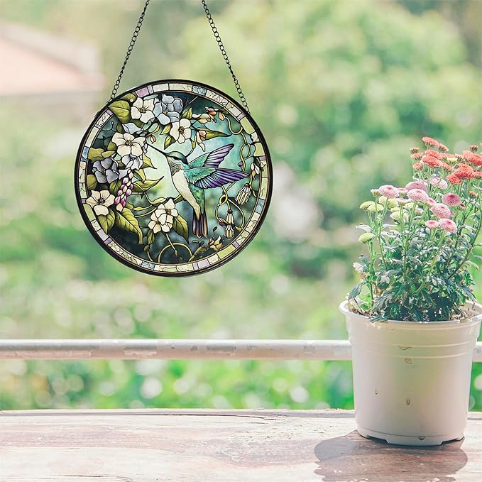 Stained Glass Sun Catcher,Fly HummingbirdStained Glass Window Hanging Garden Decor,Sun Catchers Indoor Window,Whimsical Decoration for Home Backyard Patio Lawn Porch with 6.3 INCH