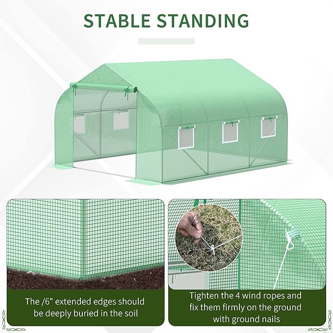 Outsunny 11.5' x 10' x 6.5' Outdoor Walk-in Greenhouse, Tunnel Green House with Roll-up Windows, Zippered Door, PE Cover, Heavy Duty Steel Frame, Green