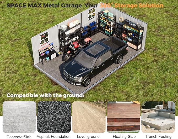 Metal Garage Shed 13x20x8.5', Large Outdoor Storage Building, Ultra-Reinforced Truss System, Weatherproof with Skylights & Dual-Entry, Steel Carport and Workshop for Car,Boat,Big Tool Organization