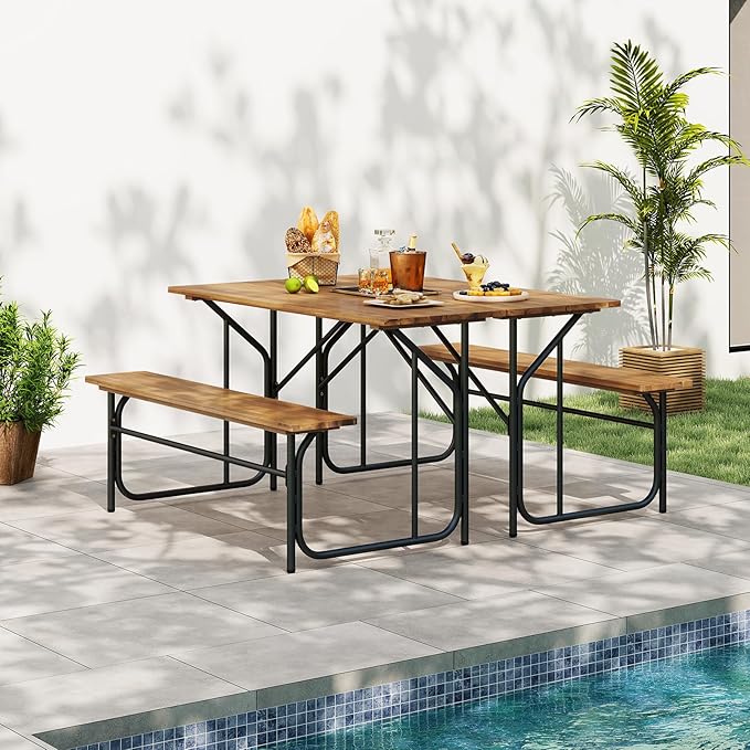 Tangkula Patio Dining Bench Set, Heavy-Duty Outdoor Acacia Wood Dining Furniture with Metal Legs for Balcony, Backyard, Poolside, Garden (1,52” x 32” x 29.5”)