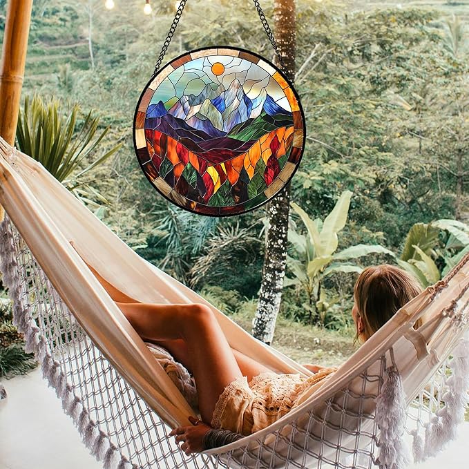 QZQCBLC Stained Glass Window Hanging Orange Sun Colorful Mountains Landscape Large 11.8" - Suncatcher Door Garden Sun Catcher Home Decor Birthday Christmas for Mom Men Woman Friend