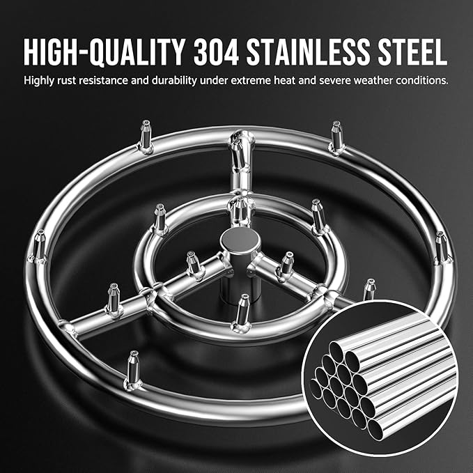 Skyflame 12-Inch Round Stainless Steel Fire Pit Jet Burner Ring - High Flame