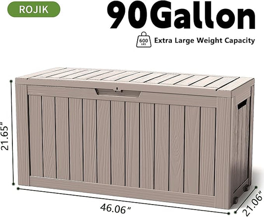 ROJIK Outdoor Storage Housing Deck Box - Waterproof Patio Furniture, Garden Tools, Cushions, Pool Accessories Storage Bench with Lockable Lid and Side Handles (Grey 90 Gal)