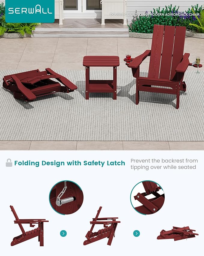 SERWALL Folding Adirondack Chair with Cup Holders, Weather Resistant HDPE Modern Adirondack Chair Set of 4, Plastic Outdoor Fire Pit Chairs, Red
