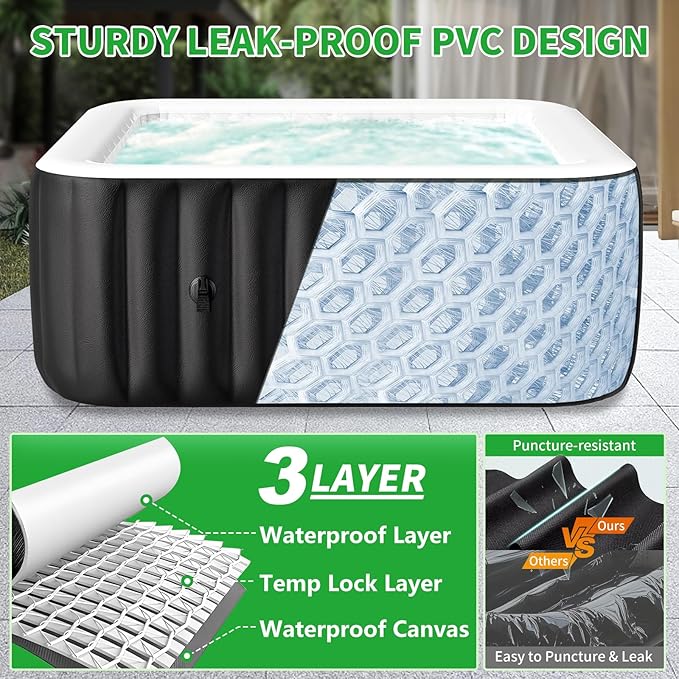 4-6 Person Inflatable Blow Up Hot Tub, Square Portable Hot Tub, Leak-Proof PVC Outdoor Spa with 130 Strong Air Jets, Heater Pump and Insulated Cover, 73” X 73”X 25”
