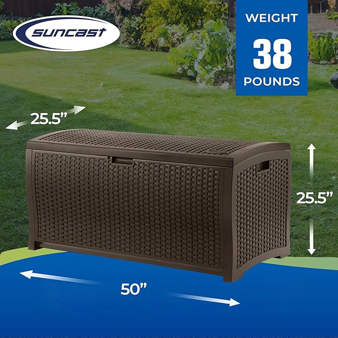 Suncast 99 Gallon Plastic Wicker Deck Box Container Storage for Garden, Garage, Home, Pool, Indoor and Outdoor Use, Mocha (2 Pack)