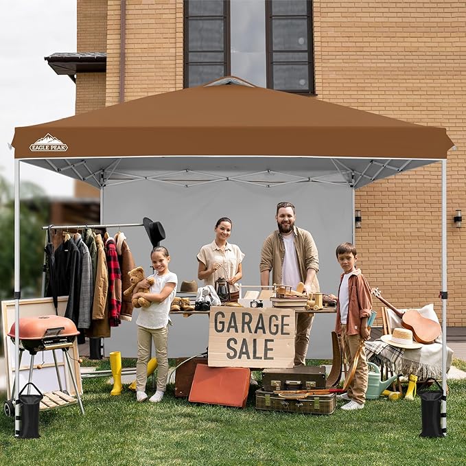 EAGLE PEAK Pop Up Canopy Tent with 1 Sidewall, Easy Setup Event Tent, Outdoor Sun Shade, Wheeled Carry Bag, Stakes and Guy Ropes, Instant Canopy 10x10, Khaki