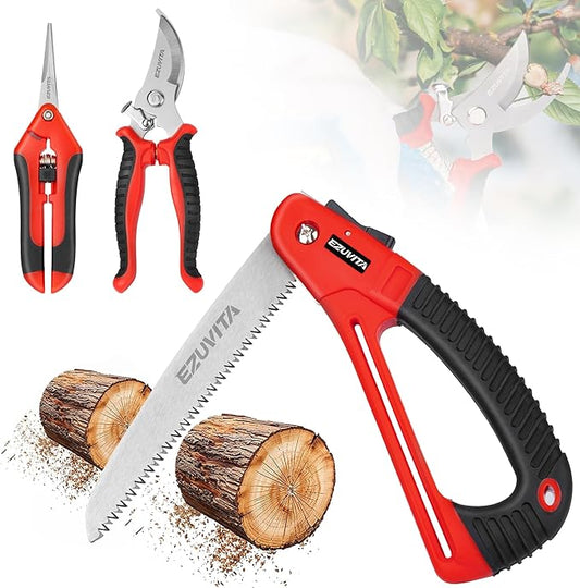 3PC Gardening Folding Saw with Pruner and Shears Set, 7 inch Hand Saw, Stainless Steel Garden Clippers 2 Pack, Professional Gardening Tools for Wood Cutting, Landscaping, Trimming, Picking
