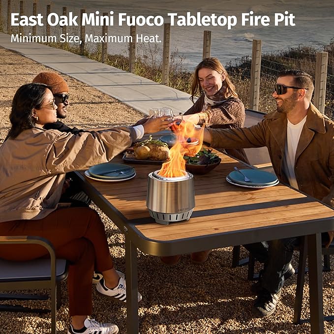 EAST OAK Fuoco Smokeless Tabletop Fire Pit | 3-in-1 Ash Pan | Portable Wood & Pellet Firepit | Stainless Steel | 120% More Efficient Burn | Backyard, Patio & Camping | Easy Ignition & Compact Design