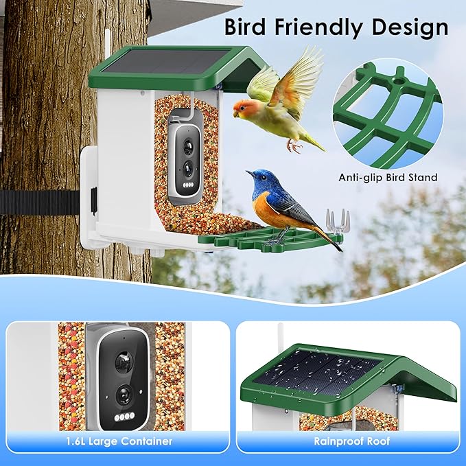 Bird Feeder with Camera, 2.5K UHD, AI Bird Species Recognition, Solar Powered, Instant Arrival Alerts, Weatherproof Squirrel-Proof Birdhouse with WiFi App Live View, 32GB Card & Accessories Included