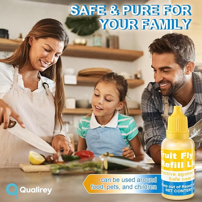 Qualirey Fruit Fly Trap for Indoor and Kitchen Use, 0.68 oz Each Bottle Fruit Fly Trap Refill Liquid, Ready to Use, Safe Near Food, Efficient Lure Refill Liquid, Yellow(4 Pack)