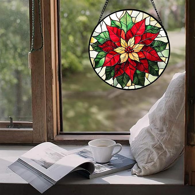 AMDERVEN Stained Glass Window Hanging - Red Poinsettia Birth Flower Sun Catcher for Door Garden Home Decor Suncatcher Christmas Mother's Day Birthday Gifts for Women Men Mom Girl Nana Friend 15 in