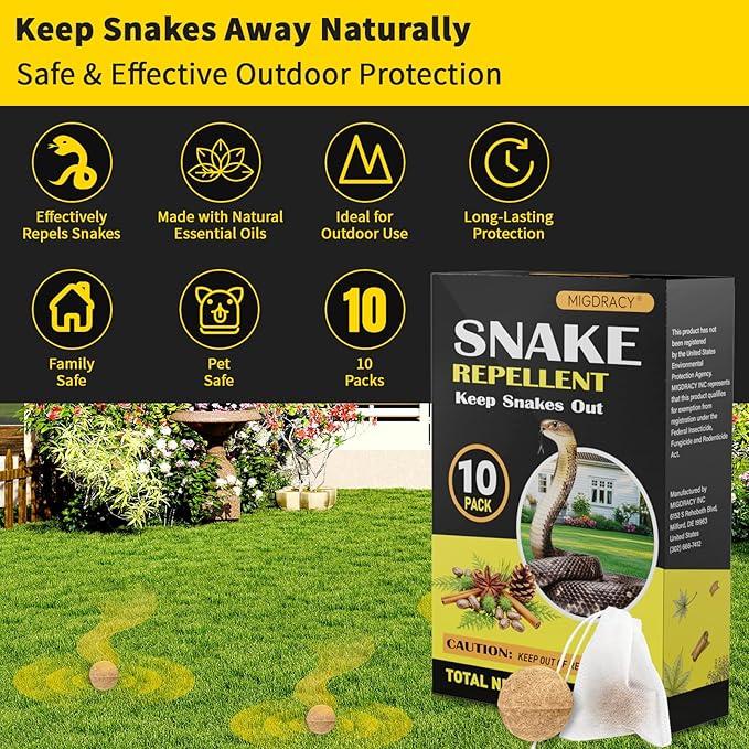 Snake Repellent Balls 10 Packs, Natural Essential Oil Formula with Peppermint, Cinnamon & Cedarwood Oils, Long-Lasting Outdoor Protection, Family & Pet Safe, Effectively Repels Multiple Snake Species