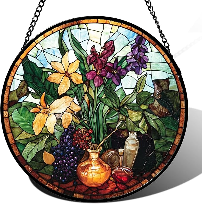 QZQCBLC Stained Glass Window Hanging Berry Plant Purple Yellow Flowers in Vase 6.3" - Suncatcher Door Garden Sun Catcher Home Decor Birthday Christmas for Mom Men Woman Nana