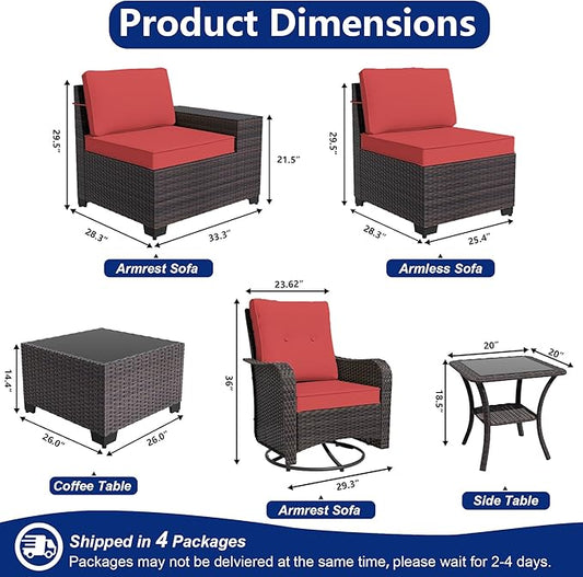 9 Pieces Patio Furniture Set with 2 Swivel Chairs Patio Furniture Outdoor Sectional Sofas Outdoor Patio Conversation Set - Red