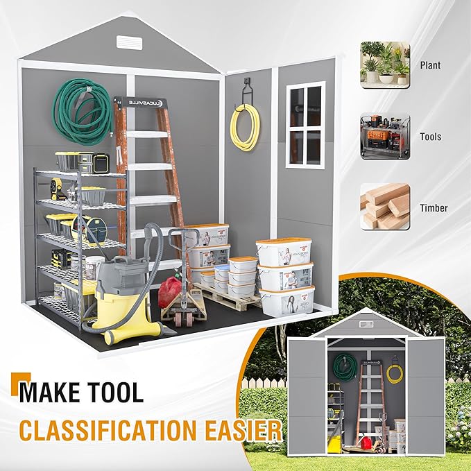 Resin Storage Shed 6x5ft?Outdoor Storage Sheds with Floor, HD Window, Lockable Doors and Vents, Tool Shed for Bike, Garden, Backyard,Lawn, All Weather Use (Grey, 6 * 5ft)