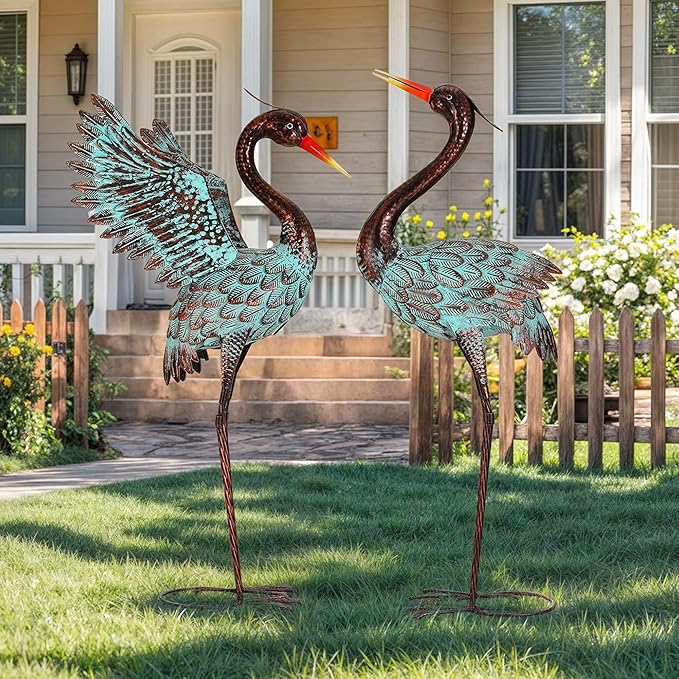 Ultym Extra-Large Metal Blue Heron Garden Statue, Handcrafted 36.8" Crane Decor Sculptures with Stable U-Ground Stakes, Backyard Decoration, Metal Garden Bird Animal Yard Art, Lawn Ornament Decor