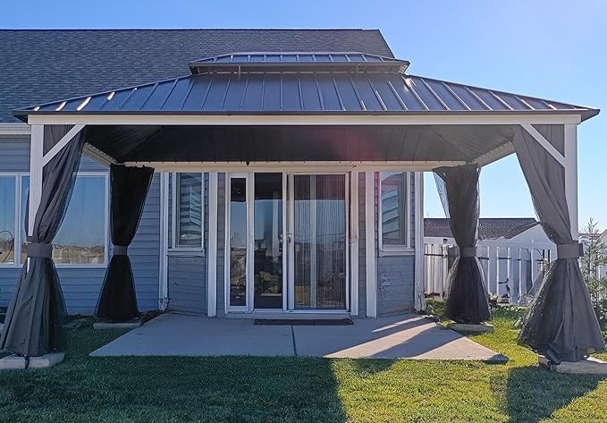 PURPLE LEAF 12' X 16' Hardtop Gazebo Metal Double Roof White Aluminum Frame Outdoor Heavy Duty Gazebo with Curtain and Netting for Patio Garden and Backyard, Grey