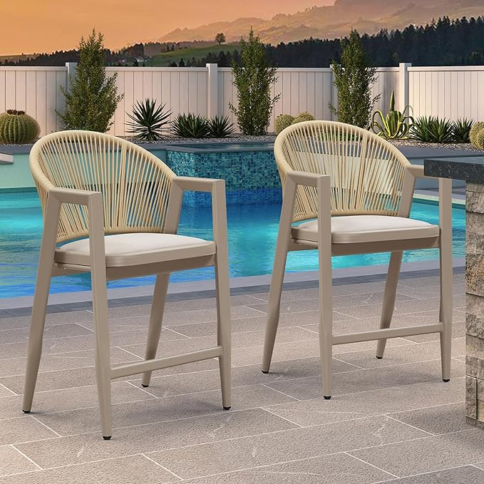 PURPLE LEAF Outdoor Counter Height Bar Stools Set of 2 Wicker Rattan Counter Stools Bar Chairs Barstool for Patio Kitchen Island Lawn Champagne