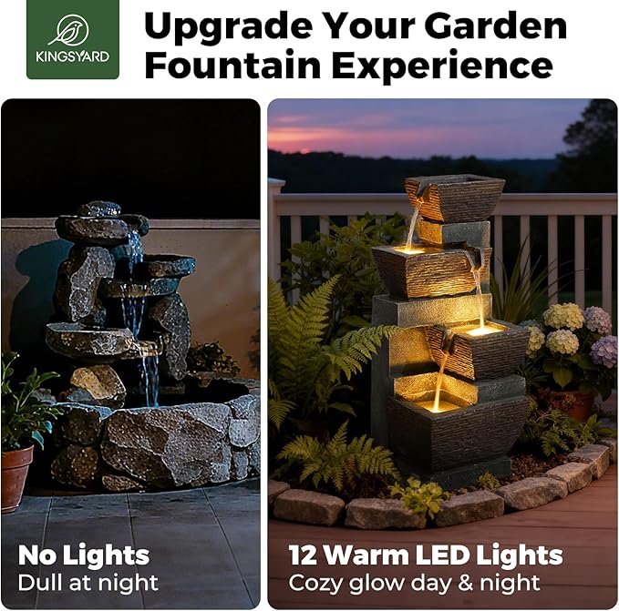 Kingsyard 4-Tier Cascading Outdoor Water Fountain with Lights, 28" Resin Rock Garden Decor with 12 Warm LEDs & ETL Certified Pump, Freestanding Water Feature for Patio, Porch, Deck & Backyard